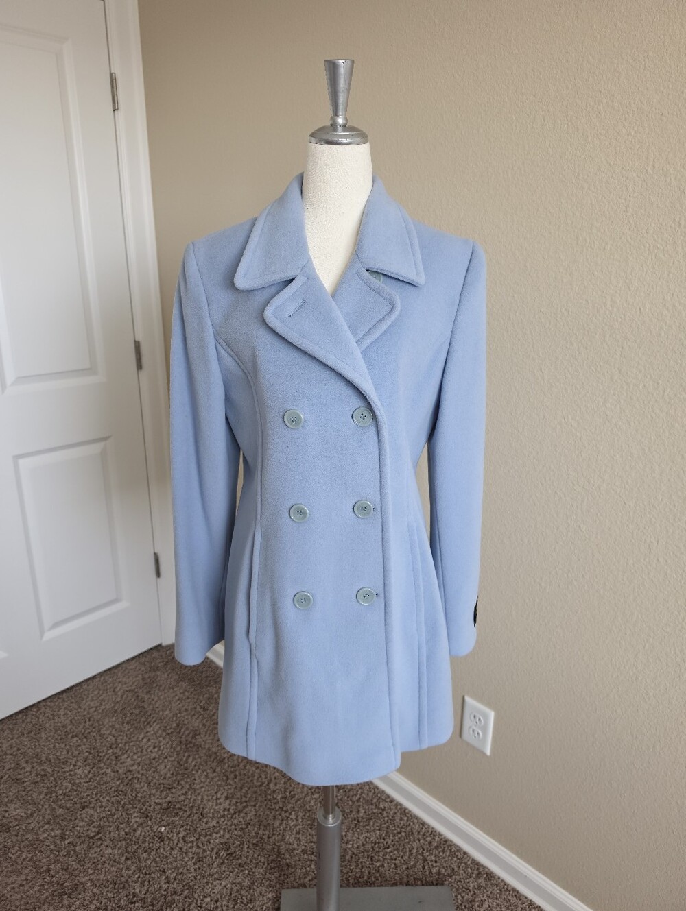 Marvin Richards Wool & Cashmere Blue Double-Breasted Classic Pea Coat Small